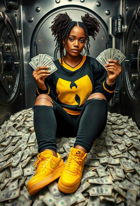 beautiful honey brown lady, (freckles), full lips, brown hazel eyes, cute amber afro puffs, dark makeup, hyper detailed photography, Cinematic 8k, full body portrait, big titties, wide hips, massively thick thighs sitting on a huge pile of dollar bills inside a bank vault. She wears stylishly ripped black jeans and a black hockey jersey with a yellow Wu-Tang Clan logo on the chest. She wears yellow and black Nike Air Force One sneakers. She holds handfuls of cash in each hand.