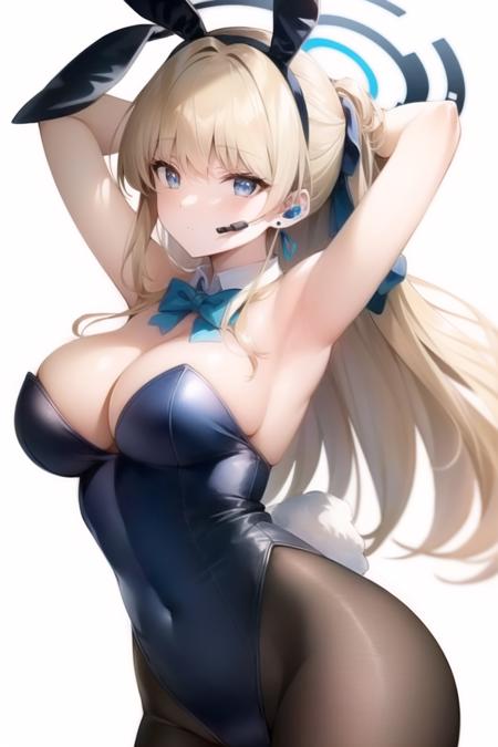 toki(blue archive), arms up, highleg leotard, halo, detached collar, earpiece, long hair, leotard, simple background, solo, animal ears, blue eyes, strapless, playboy bunny, headset, blonde hair, wrist cuffs, fake animal ears, strapless leotard, bow, v, looking at viewer, rabbit ears, cleavage, pantyhose, armpits, blue bowtie, large breasts, 1girl, white background, bowtie, covered navel, blue leotard, highleg, blue bow, double v