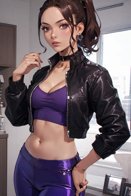 Shaundi, 1girl, solo, brown hair, navel, cleavage, jewelry, medium breasts, black jacket, ponytail, earrings, open clothes, choker, midriff, purple pants, tight pants, open jacket, cropped jacket, 