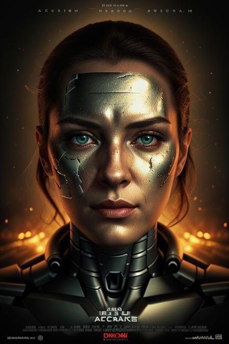 movieposter, Close-up portrait of a stoic female android with a weathered, metallic face. Deep-set green eyes glow faintly with a red inner light, hinting at her advanced AI. Her strong jawline and prominent cheekbones are accentuated by cybernetic enhancements embedded beneath the metallic skin. The corner of her lip is slightly raised in a barely perceptible smirk, suggesting hidden processing power. Cinematic lighting with dramatic shadows highlighting the details of her face. Hyperrealistic style, detailed metallic textures, inspired by the Terminator franchise. cinematic Impressionism, masterpiece layout design, cinematic cloud of red smoke font design, movie poster design , 100 shade of Darkness Horror Movie