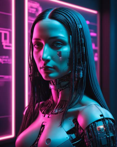cyberpunk portrait cyborg Mona Lisa by Leonardo da Vinci in (cyberpunk style:1.4),soft neon light,cinematic,robotic bionic features,hyperrealistic masterwork by head of prompt engineering