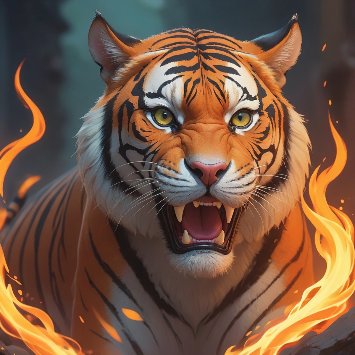 A close-up of a tiger's face with a fierce expression, surrounded by flames.