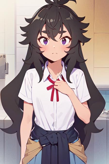 ShiiR4 1girl, black hair, purple eyes, long hair, messy hair, 