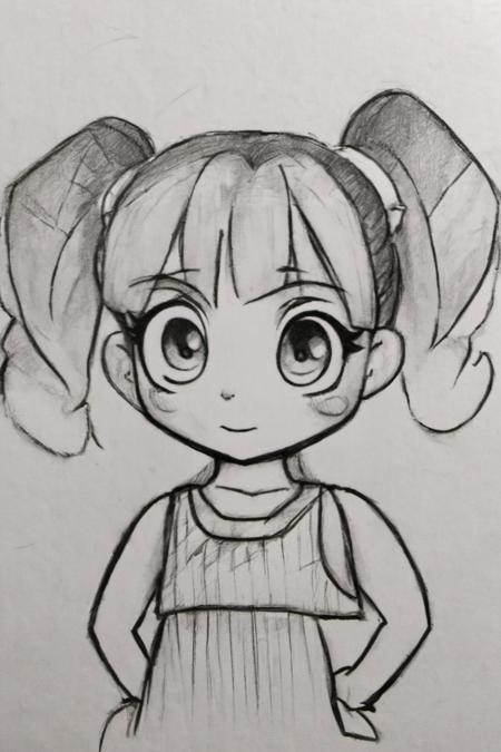 , (Pencil_Sketch:1.2,  messy lines,  greyscale,  traditional media,  sketch), 
1girl,  solo,  smile,  dress,  twintails,  sleeveless,  chibi,  short twintails,  powerpuff girls,<lora:EMS-150400-EMS:1.000000>