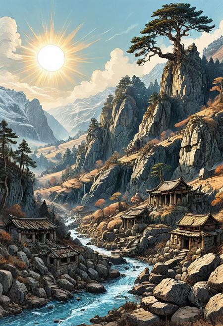 An epic, ink art, line art  painting of a dramatic deep valley cutting through soaring hills, pine trees growing on its slopes with a cold stream tumbling over grey rocks. A stone temple, ancient and ruined, with a few dilapidated huts spread around it, can be seen at the far end of the valley. A winter sun high in the pale blue sky.,(((sharp focus))), (hyperdetailed:1.3), (intricate details:1.2), (Refined details:1.3), (best quality:1.5), highly detailed textures, vibrant colours, (ultra sharp focus:1.8)