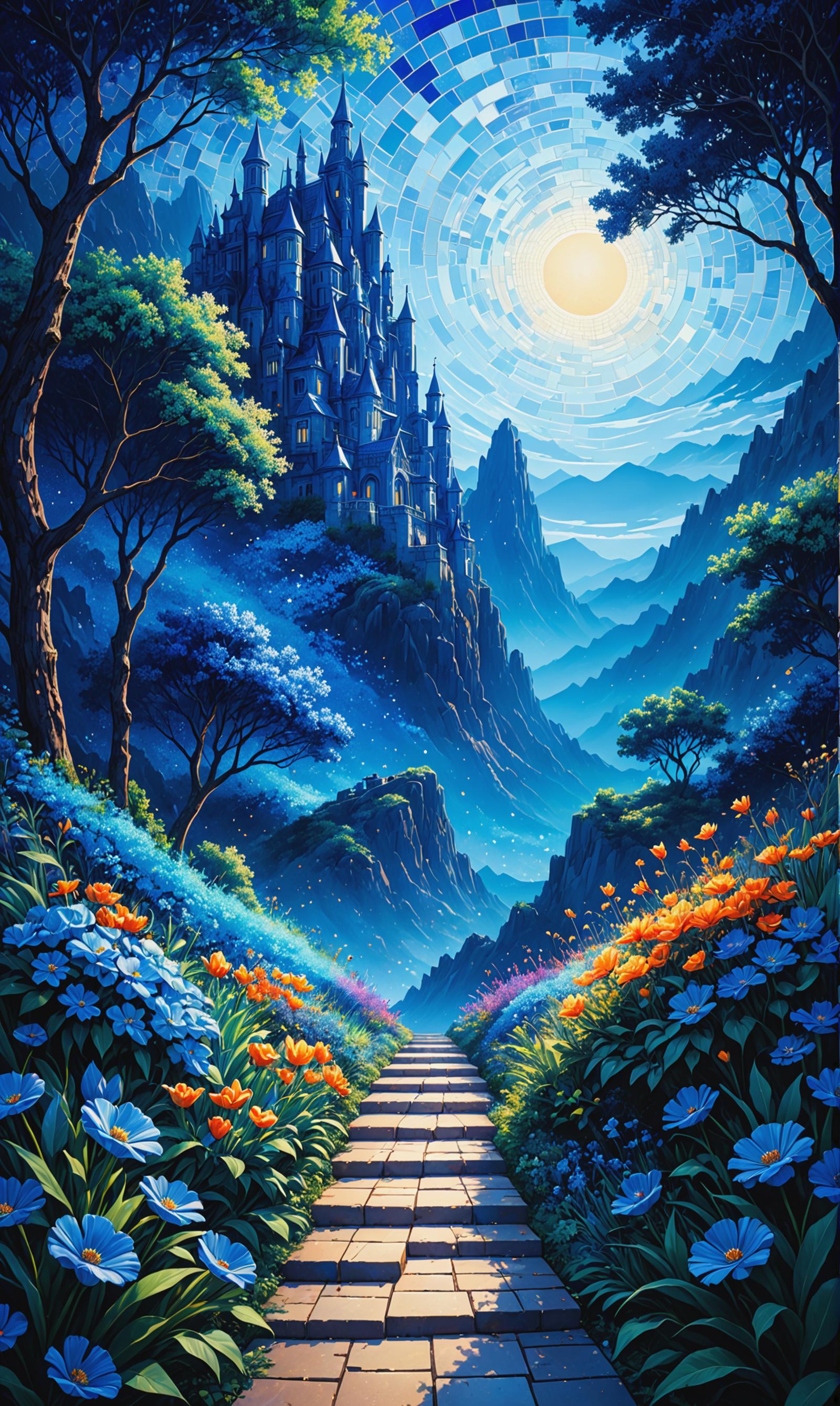 A beautiful painting of a mountain with a castle and a magical flower path