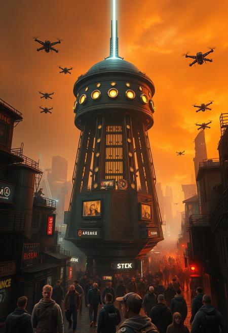 A towering, futuristic panopticon structure at the center of a sprawling dystopian city under a dim, smoky orange sky. The panopticon is made of dark, gleaming steel, with hundreds of glowing surveillance eyes scanning the chaotic streets below. The city is a maze of crowded, decaying high-rises, holographic advertisements flickering with propaganda, and winding alleys teeming with shadowy figures. Neon lights cast an eerie glow over the wet, reflective streets. People wear grimy, tattered clothing and augmented reality visors, their faces displaying hopeless expressions. Overhead, drones patrol with blinding spotlights. A sense of oppression and technological dominance permeates the scene, with a single beam of cold, sterile light shining from the top of the panopticon into the clouds. The atmosphere is gritty, intense, and foreboding.