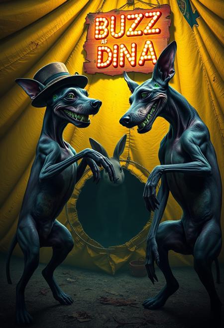 A highly detailed, photorealistic depiction of a bizarre, genetically mutated creature resembling Siamese twin dogs. The creatures have skinny, flesh-bound bodies with patchy, dull fur resembling a Dobermann, with an oversized tail, grotesquely large ears, and unnaturally short legs. One of them is grinning with wide, distorted eyes, its fur now an eerie blend of dark purple and gray. It wears a once-elegant, now weathered Italian hat. Biotech implants pulse with a sickly green glow, blending with swollen, cancerous carcinomas protruding from their flesh. They battle a large, shadowy rabbit, hiding in a hole within the torn, grimy fabric of a giant yellow circus tent.
The scene is drenched in creepy, low light, casting long, distorted shadows and bathing everything in a haunting, cold blue and sickly yellow hue. The circus is filled with flickering, broken carnival lights, creating an unsettling, nightmarish atmosphere. Hovering above the scene is a tattered, high-tech cardboard sign labeled ‘BUZZ 4 DNA,’ glowing with ominous, toxic neon colors. The entire setting feels unsettling and surreal, with a sinister edge.