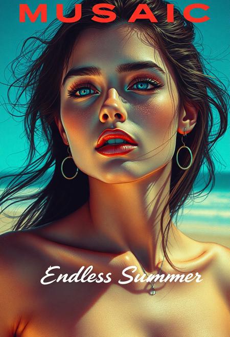 high quality design aesthetics, disco, synth pop, dynamic, detailed, pop album cover, melancholic, beautiful young white woman, artist name "MUSAIC", album title "Endless Summer"