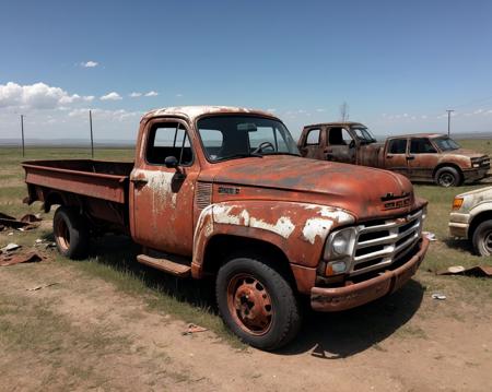 postapocalypse, photo of wrecked  rusty truck