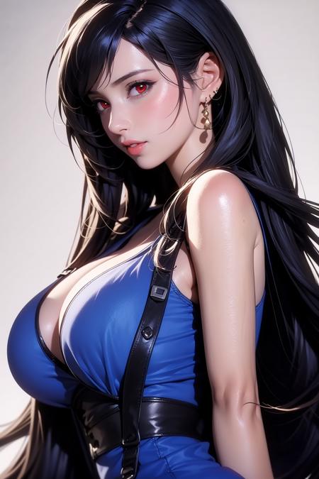 Tifa long hair red eyes black hair fingerless gloves suspenders large breasts taut clothes crop top