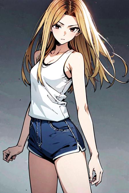 masterpiece, high quality cg, anime, illustration, best quality, 1girl, bound, bondage, beautiful face, detailed face, cowboy shot, Han Jia, 1girl, solo, long hair, blonde hair, simple background, shirt, white background, bare shoulders, brown eyes, collarbone, white shirt, short shorts, sleeveless, tank top, very small breast, bare legs, <lora:HanJia:.9>