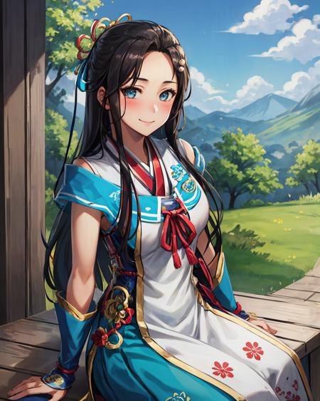 best quality, (masterpiece:1.2), illustration, absurdres,
(1girl, solo), (beautiful detailed girl),
<lora:LadyHayakawa:0.95>, Lady Hayakawa, black hair, long hair,  blue eyes, small breasts, hair ornament,
aqua dress, grey boots,
park, sky, clouds, trees, outside japanese school,,
looking at viewer, gentle smile, blush,
(sitting:1.2), (upper body, portrait),