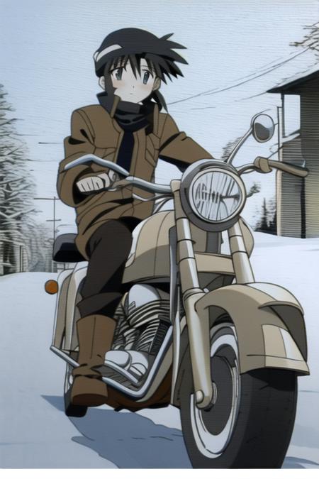 kino-5600, 1girl, riding a motorcycle, on a snowy road