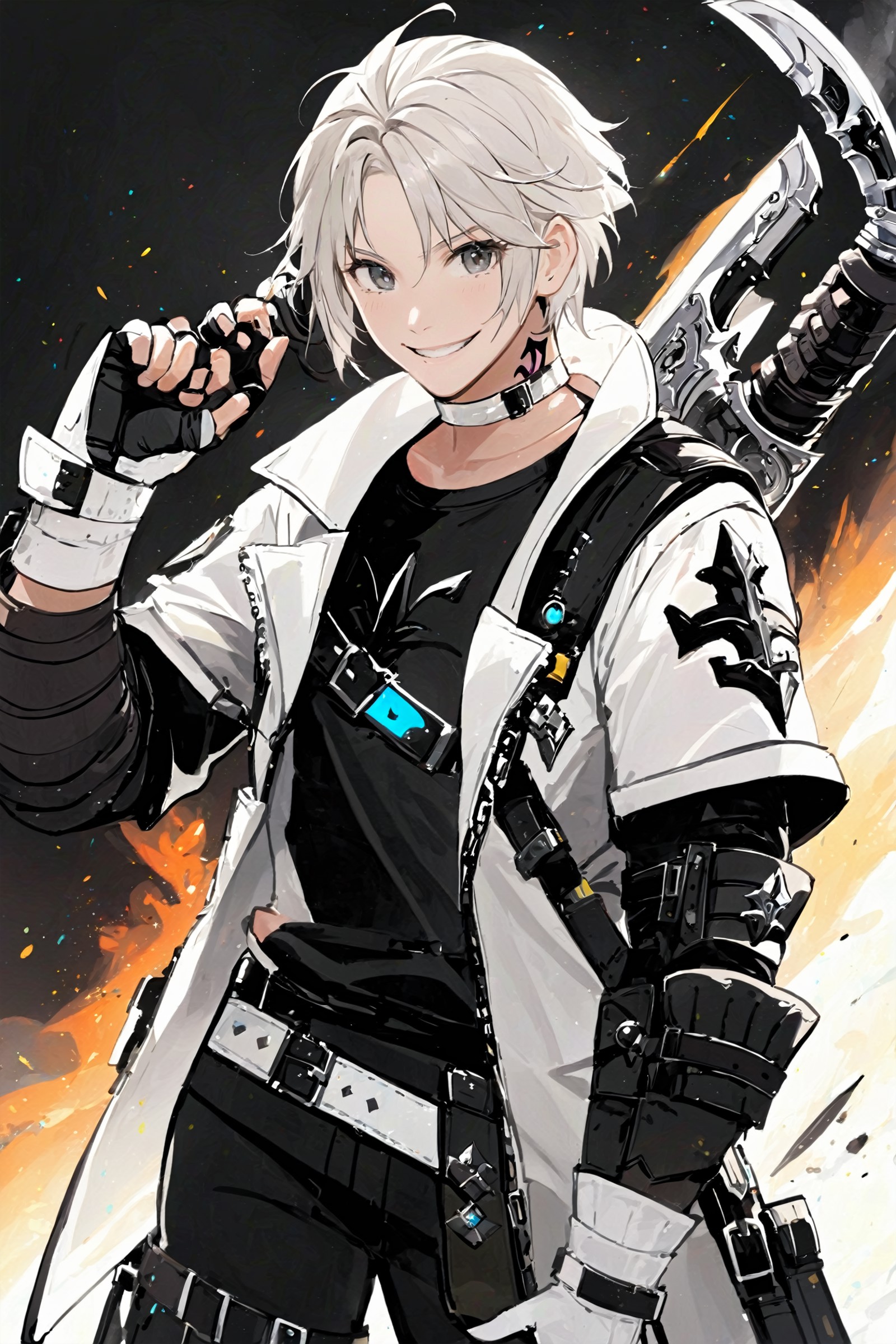 Thancred Waters,  looking at viewer,  smile,  shirt,  gloves,  holding,  jacket,  weapon,  choker,  black gloves,  belt,  ...