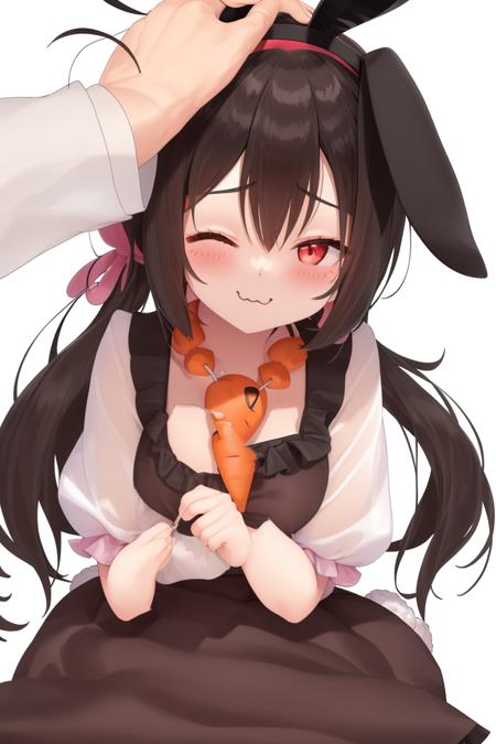 1girl, headpat, animal ears, one eye closed, rabbit ears, jewelry, red eyes, carrot necklace, necklace, black hair, dress, white background, pink dress, blush, ahoge, short hair, simple background, upper body, short sleeves, solo focus, puffy sleeves, floppy ears, :3, puffy short sleeves, looking at viewer, hair between eyes, small breasts, bangs, hand on another's head, ;3, breasts, smile, closed mouth