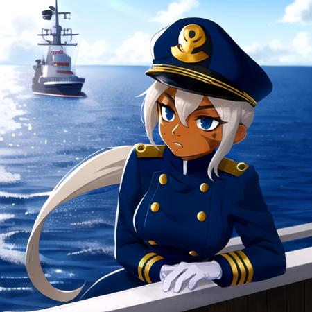 Masterpiece, highest Quality, Highest Resolution, perfect detailed modern anime style, anime lighting, detailed hands, high quality character design,  detailed background, detailed, solo, Admiral Brickell, solo, blue eyes, gloves, hat, holding, ponytail, white gloves, blue uniform, military, blue military uniform, peaked cap, naval uniform, furry female, monkey tail, side burns, white hair, facial mark, dark skin, stubble, 1girl, on the deck of a large battle ship, turrets, adult, sunny, medium breasts,