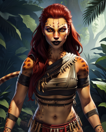 cheetahIJ2,red hair,brown eyes,tail,black lips,
tribal attire,fang,
high mountain,jungle,navel,hips,
standing,upper body,
(insanely detailed, beautiful detailed face, masterpiece, best quality) solo,<lora:cheetahIJu2-10:0.8>,