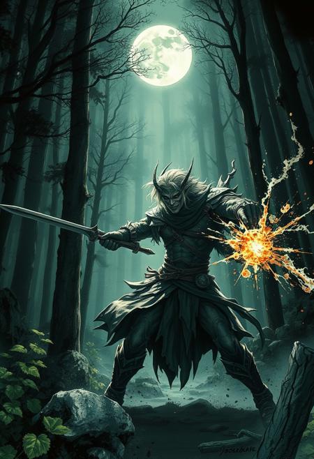 A fierce elven warrior, inspired by the art of Luis Royo, engages in an intense battle within a dark and mysterious forest. The artwork should be in high resolution, capturing an anime style with realistic elements. The scene is illuminated by spectacular moonlight, casting shadows and creating an atmosphere of tension. The warrior's movements are dynamic and powerful, reflecting the intensity of the battle. The artwork should incorporate the styles of Krenz Cushart and Yoshitaka Amano for character design, with splashes of ink in the style of Jackson Pollock to add depth and texture