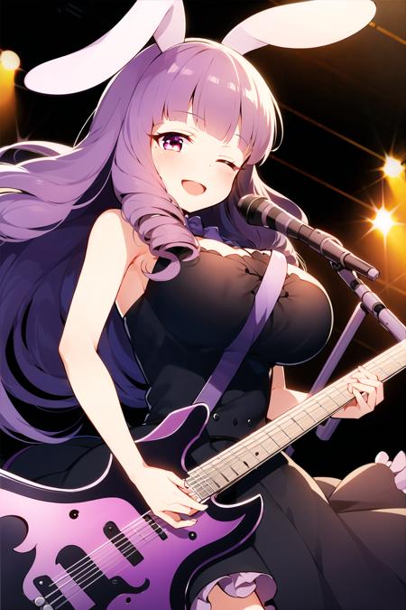 sb69chuchu,1girl,   bangs,  long hair,white rabbit ears, solo, blunt bangs, purple hair,big breasts,
dress,black dress,smile,open mouth,one eye closed,looking at viewer, 
 guitar,
concert, stage, stage lights,
 <lyco:sb69chuchu_any45_lh:1>