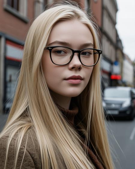 (masterpiece, best quality, ultra-detailed: 1.3), RAW photo, 35mm lens, f/2.8,  girl, 18 yeas old,
[Rebecca Ferguson : Elle Fanning : 0.6], glasses,
tiny pointy nose,  long blonde straight hair,
street photo,