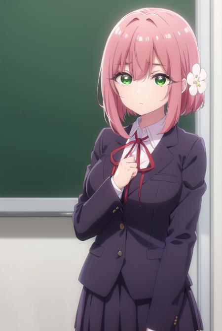 hakarihanazono, <lyco:hakarihanazono-lyco-nochekaiser:0.8>,
hakari hanazono, short hair, hair ornament, (green eyes:1.5), pink hair, flower, hair flower, hair between eyes, sidelocks,
BREAK skirt, shirt, ribbon, school uniform, blazer, white shirt, pleated skirt, collared shirt, black skirt, red ribbon, neck ribbon, 
BREAK looking at viewer,
BREAK indoors, classroom, (cowboy shot:1.5),
BREAK <lyco:GoodHands-beta2:1>, (masterpiece:1.2), best quality, high resolution, unity 8k wallpaper, (illustration:0.8), (beautiful detailed eyes:1.6), extremely detailed face, perfect lighting, extremely detailed CG, (perfect hands, perfect anatomy),