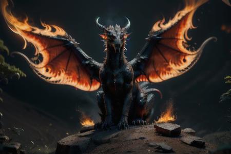 Black dragon with fiery breath, hyper realistic, 4 wings, scarlet eye, stand atop of mountains, forest around the mountains, thorny skins, full moon background, detailed, 4K, UHD, angry dragon, magical, RAW, dynamic poses
