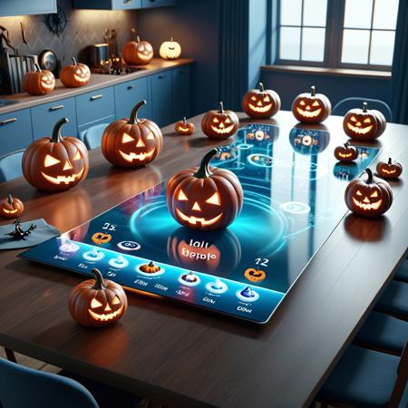 Nautical-themed <lora:FF-Halloween-Full:1> Halloween theme style,"a table with a tabletop display of pumpkins, halloween atmosphere, holographic display lenses, halloween scene, strange ingredients on the table, cg art, spooky and scary atmosphere, computers and holograms, magic laboratory setting, 8 k cg render, cyberpunk setting, very realistic 3 d render, rendered in v-ray, 3 d render beeple" <lora:Dalle3mixLoha:0.1> . Sea, ocean, ships, maritime, beach, marine life, highly detailed