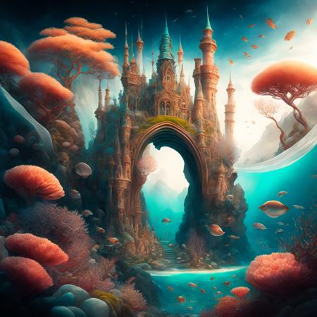 photo (oceanicrealms style:1) a painting of a castle surrounded by sea life <lora:djzOceanicRealmsV21_LoraBooth:1>