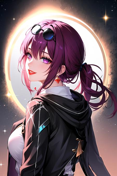 1girl, gloves, purple eyes, sunglasses, solo, purple hair, looking at viewer, smile, eyewear on head, jewelry, earrings, bangs, long sleeves, ponytail, jacket, long hair, black jacket, red lips,white shirt, looking back,star-kafka,(shiny skin),(mature female:1.2),<lora:kafka-v2-naivae-final-6ep:0.7>