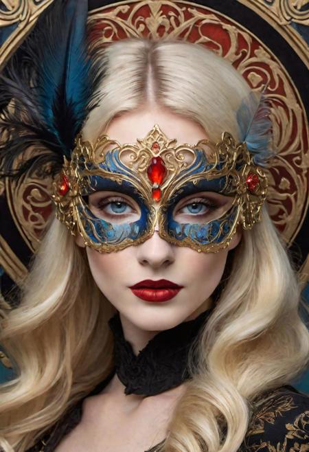 Portrait of a beautiful and elegant woman looking straight ahead and wearing an Art Nouveau vampire mask, with black feathers and a red and blue gold floral design, inspired by the art of Alphonse Mucha. The mask has an intricate gold floral design in the center. The woman has a perfect face, with light blue eyes, straight nose and perfect lips. She wears her blonde hair pulled back in an elegant bun. The woman has a pretty face, like Nicole Kidman. The background of the image is a white canvas, with a gold border around it.