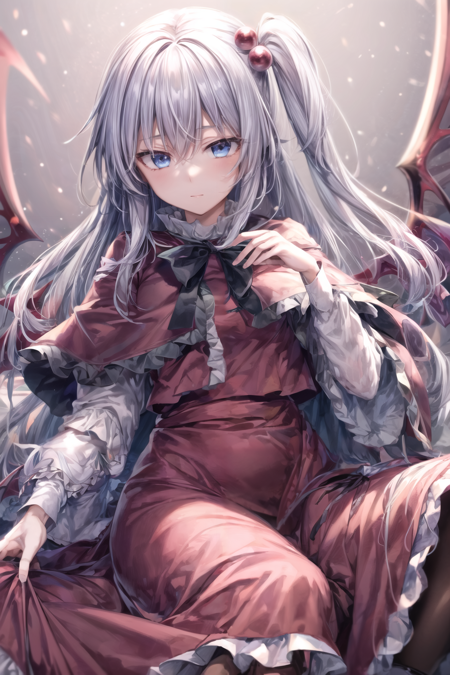 Shinki \(touhou\), light blue eyes, white hair, side ponytail, 1girl, hair bobbles, long hair, red dress, long sleeves, capelet, frilled capelet, boots, multiples wings, black bowtie