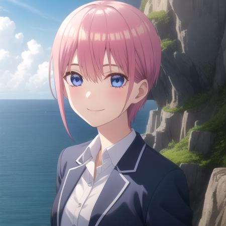 ((masterpiece)),(best quality),official art,extremely detailed CG,unity 8k wallpaper,ultra detailed,A lighthouse on a cliff by the sea,1girl,solo,upper body,(portrait:1.2),short_hair,pink_hair,blue_eyes,white_shirt,blue_jacket,green_skirt,bangs,school_uniform,smile,collared_shirt,hair_between_eyes,pleated_skirt,dress_shirt,breasts,long_sleeves,<lora:Nakano Ichika(tqq)>,