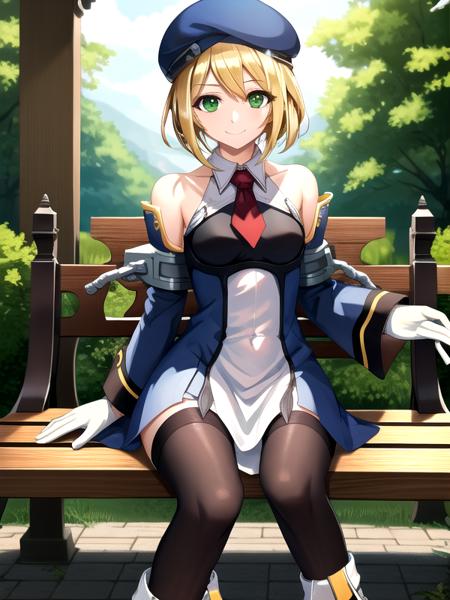 (symmetric, highres, absurdres, novel illustration, promotional art, game cg, exceptional, best aesthetic, best quality, masterpiece, extremely detailed, center frame:1.0), noel vermillion, solo, green eyes, blonde hair, short hair, beret, collared dress, detached sleeves, white gloves, outdoors, bench, light smile,   <lora:noel vermillion (calamity trigger):1>