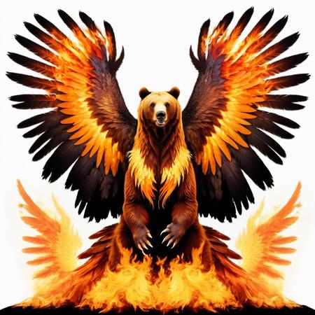 (half grizzly bear) half flaming phoenix, hybrid animal, flaming wings, <lora:Phoenix:0.62>