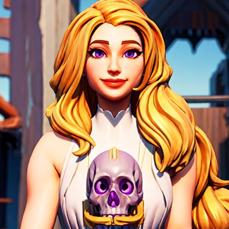 (masterpiece:1.2, best quality), FortniteStyle, 1girl, blonde, smile, winking, purple eyes, holding skull, Mistress of Shelter, <lora:Fortnite-000007:0.79>   <lora:Shelter-000009:0.6>