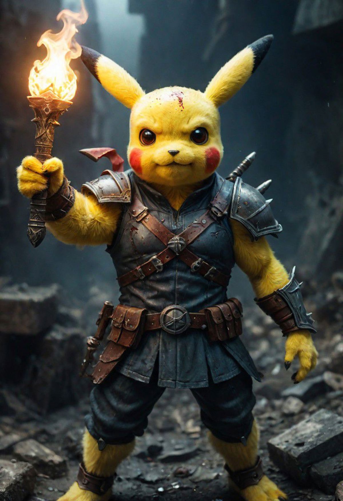A Pikachu cosplay wearing a knight's outfit and holding a sword.