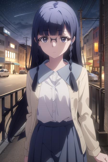 setsunashimazaki, <lora:setsuna shimazaki s1-lora-nochekaiser:1>,
setsuna shimazaki, long hair, bangs, (black eyes:1.5), black hair, braid, glasses, blunt bangs, twin braids, semi-rimless eyewear, under-rim eyewear,
BREAK shirt, blue shirt, collared shirt, cardigan, yellow cardigan, skirt, blue skirt,
BREAK outdoor, city, night, sky, buildings, moon, clouds,
BREAK looking at viewer, (cowboy shot:1.5),
BREAK <lyco:GoodHands-beta2:1>, (masterpiece:1.2), best quality, high resolution, unity 8k wallpaper, (illustration:0.8), (beautiful detailed eyes:1.6), extremely detailed face, perfect lighting, extremely detailed CG, (perfect hands, perfect anatomy),