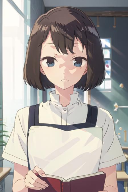 best quality, masterpiece, highres, solo, {kanou_koyomi_yagatekimininaru:1.15}, short_hair, black_hair, closed_mouth, indoors, brown_hair, blue_eyes, black_eyes, 1girl, bangs, blurry, blurry_background, book, looking_at_viewer, shirt, white_shirt, collared_shirt, holding, holding_book, upper_body, bookshelf, depth_of_field