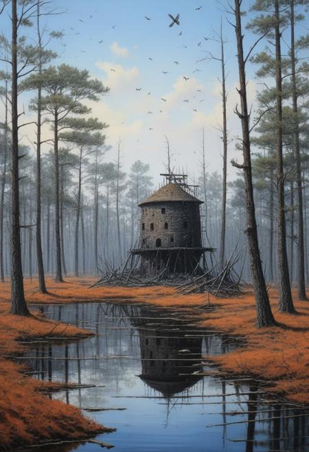 Surreal Landscape ,Creator Landscape,painting art,Pine barrens with charred tree skeletons,mayfly swarm over water,stone lime kiln structure,
extremely detailed,
detail xl,