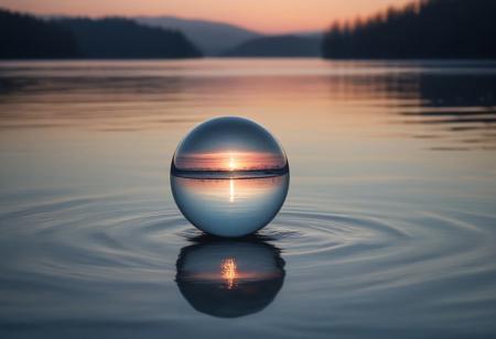 An infinite, calm water surface stretches across the scene, reflecting the soft pastel hues of a serene sunset. Above the water floats a perfectly round, transparent glass sphere, glistening faintly with refracted light, its surface shimmering with refracted light that captures faint glimmers of distant stars and the silhouettes of serene trees. Surrounding the sphere are delicate ripples in the water, creating a mesmerizing interplay of motion and stillness. Distant mountains fade into the misty horizon, adding depth and tranquility. The sphere's transparency captures hints of the sky and surroundings, merging the ethereal with the natural in a harmonious, surreal atmosphere.