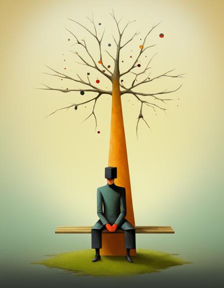 <lora:FF-Style-Kazimir-Malevich-v2.LoRA:1> (kazimir malevich style art) <lora:chdmchlwrd:1> (Dark art, chdmchlwrd), digital painting showing the Amusing of a style fusion, sitting on a bench in The Tree of Life, by goro fujita