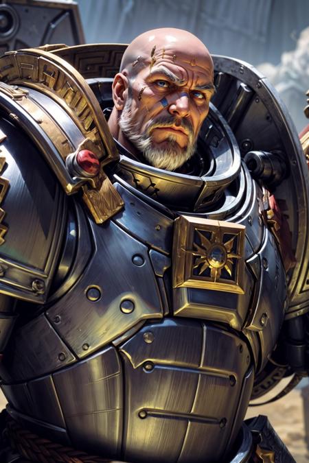 Photo of kaldor, gk, full armor, terminator armor, full metal armor, wearing intricate ornamented metal armor, stern face, facial hair, old,
solo, (male:1.2), epic, full metal armor, silver armor, white pelvic curtain, bronze trimmings, tall stature, muscular, blue pupils, bald,  manly, facial scar,,
((upper body:1.3)) focus, close-up,
<lora:tool - add_detail:1>   <lora:Grey Knights MK1 by CARAXES:0.7>