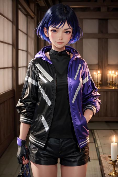 masterpiece, best quality, <lora:tekkenreina-nvwls-v1-000009:0.8> reina, multicolored hair, jacket, fingerless gloves, black shirt, black shorts, looking at viewer, furrowed brow, upper body, smile, japanese architecture, indoors, dimly lit, candles, standing