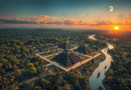 3d, detailed, detailed hands, detailed face, best quality, intricate detail, masterpiece, best quality, amazing quality, very aesthetic, full shot, birds eye view, looking down, view from above, a sprawling jungle, tall trees, rivers branching through the jungle, three pyramids in the jungle, the pyramids are spread apart, the pyramids are black and they are in a clearing, there are granite buildings and structures around the pyramids, there are granite paths connecting the pyramids and structures, there are people walking about, there are pillars that generate light to eliminate the the structures and paths, there are Kunlun Mountains in the distance, there are structures on the mountains, the sun is setting, the sky are shades of orange and pink, there are clouds in the sky, birds are flying over head, the moon is in the sky, boats are on the river with people rowing them, a residential area is visible, an tall buildings are erected throughout the jungle,