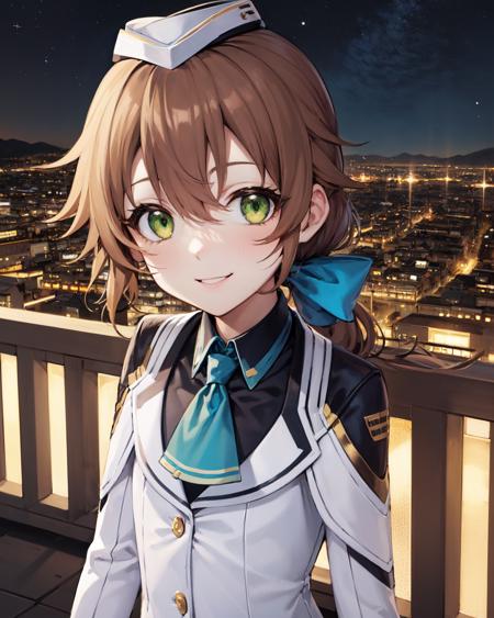 best quality, (masterpiece:1.2), illustration, absurdres,
(1girl), (solo), (beautiful detailed girl),  (upper body, portrait),
<lora:TowaCS3-08:1>, Towa Herschel, brown hair, ponytail, hair ribbon, green eyes, petite, small, short, flat chest, small breasts,
white hat, headwear,
white jacket, blue neckwear, black gloves, black pantyhose, white shoes,
looking at viewer, smile,
night, on balcony, city lights, starry sky, overlooking city,