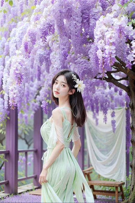 a girl is surrounded by Wisteria flower,upper body,Short Crop with High Fade,white Ethereal water nymph dress with flowing fabrics and watercolor hues,Wisteria flowe,Amusement Park,<lora:è¸å±±å¬æµ·ãç´«è¤è±Wisteria flowerã:0.8>,