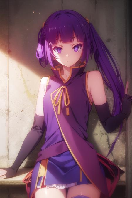 chlammyzell, <lora:chlammy zell s1-lora-nochekaiser:1>,
chlammy zell, long hair, (purple eyes:1.1), purple hair, bangs, blunt bangs, twintails, hair rings,
BREAK detached sleeves, bridal gauntlets, gloves, dress, elbow gloves,
BREAK indoors, classroom,
BREAK looking at viewer, (cowboy shot:1.5),
BREAK <lyco:GoodHands-beta2:1>, (masterpiece:1.2), best quality, high resolution, unity 8k wallpaper, (illustration:0.8), (beautiful detailed eyes:1.6), extremely detailed face, perfect lighting, extremely detailed CG, (perfect hands, perfect anatomy),