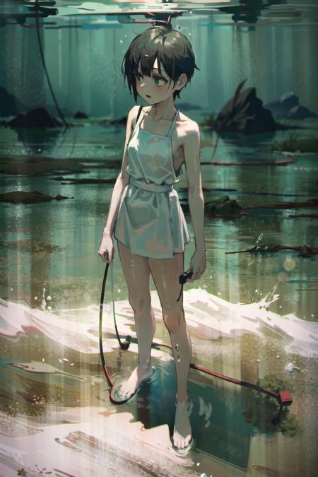 1girl, brown hair, cable, green eyes, science fiction, short hair, solo, standing, wading, water