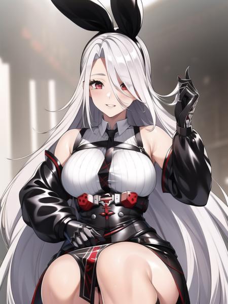 Prinz Heinrich a woman with long white hair and black gloves, original_outfit, bunny ears (masterpiece, realistic, best quality, 1girl:1.3), (extremely intricate:1.2),  city background, SFW,  <lora:prinzheinrich:0.7>